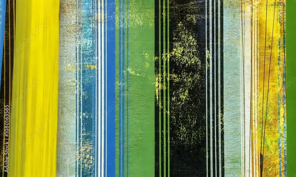 Bandes verticales multicolores avec mouvement aléatoire, ambiance artistique et organique, tons verts, bleus et jaunes
