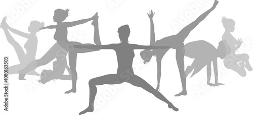 Silhouette yoga pilates women poses set. Active sports people healthy players fitness silhouettes concept.