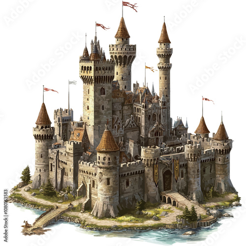 Fantasy castle isolated on white background. 3d render illustration..eps