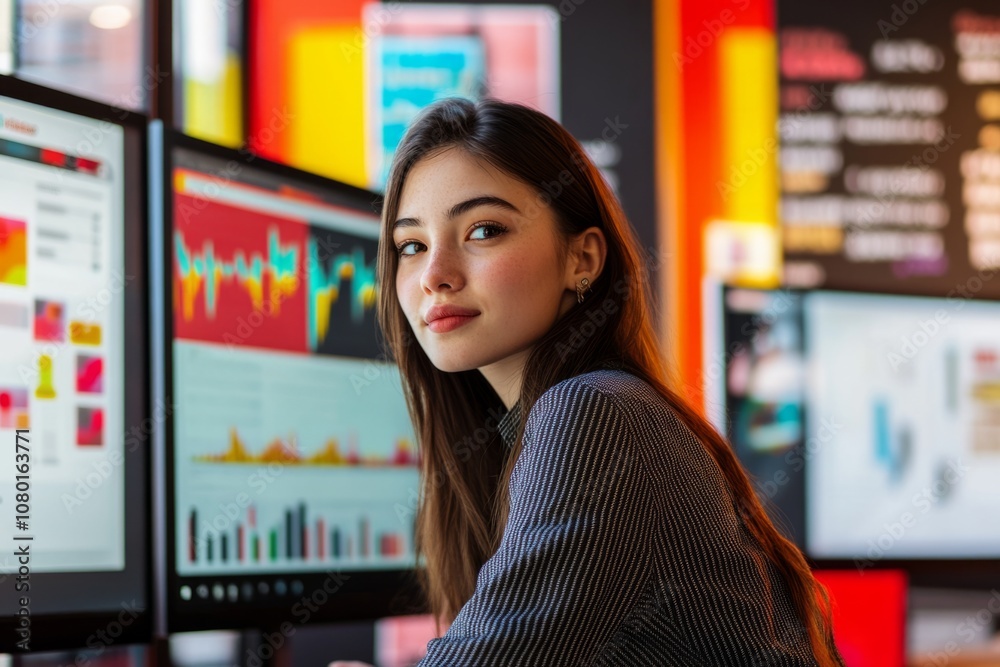 A focused woman working on data analysis in a vibrant office setting. She is surrounded by computer screens displaying charts and graphs. Creativity and technology merge here. Generative AI A focused woman working on data analysis in a vibrant office setting. She is surrounded by computer screens displaying charts and graphs. Creativity and technology merge here. Generative AI
