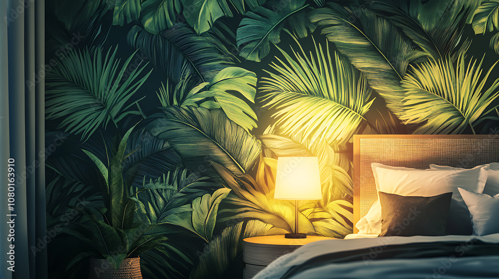 Fototapeta premium Tropical bedspread vibrant green leafy design picture