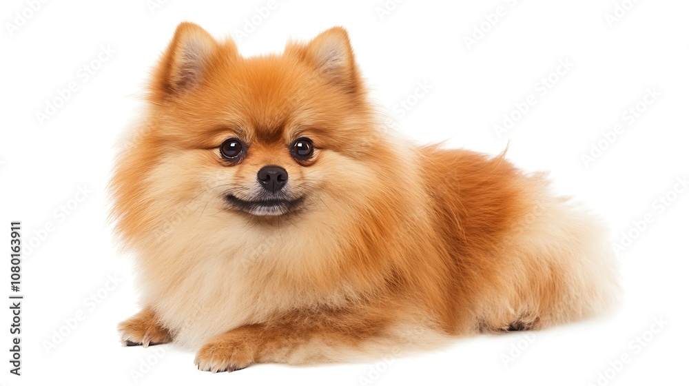 Pomeranian reddish brown dog sitting on white surface. Pomeranian reddish brown dog sitting on white surface.