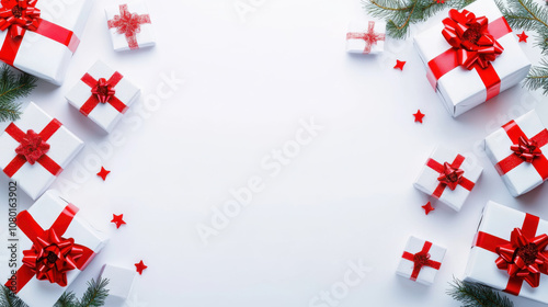 festive arrangement of white gift boxes with red ribbons and bows, surrounded by decorative stars and pine branches, perfect for holiday celebrations