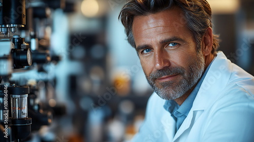 A man in a lab coat looks intently at the camera, with scientific equipment blurred in the background.