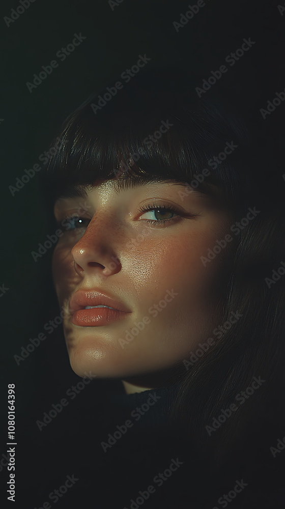 A portrait of an attractive woman with long hair set against a dark background, highlighting her features in dramatic contrast with ethereal lighting and color tones. A portrait of an attractive woman with long hair set against a dark background, highlighting her features in dramatic contrast with ethereal lighting and color tones.