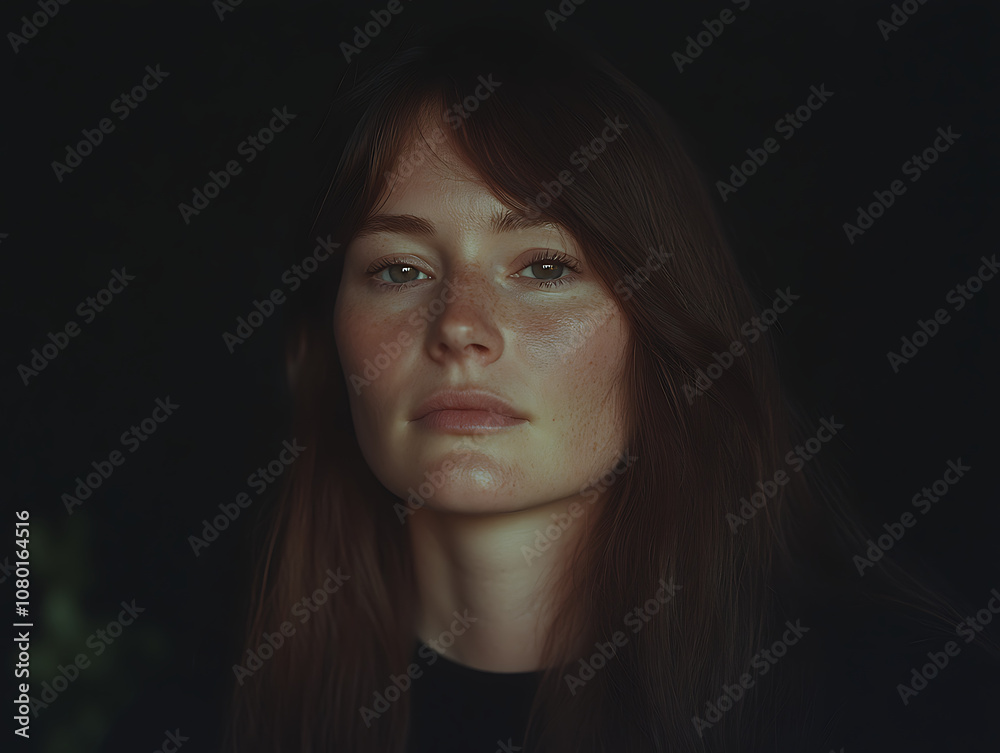 A portrait of an attractive woman with long hair set against a dark background, highlighting her features in dramatic contrast with ethereal lighting and color tones. A portrait of an attractive woman with long hair set against a dark background, highlighting her features in dramatic contrast with ethereal lighting and color tones.