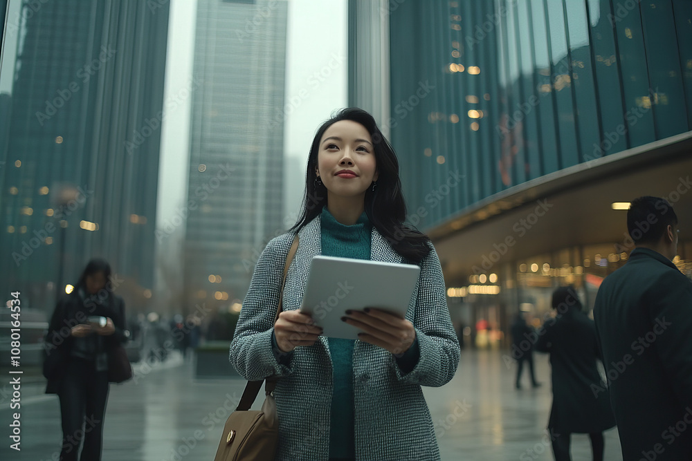 Fototapeta premium Thoughtful Asian Woman Using Tablet in Urban Setting, Embracing Technology and Modernity for Professional Growth