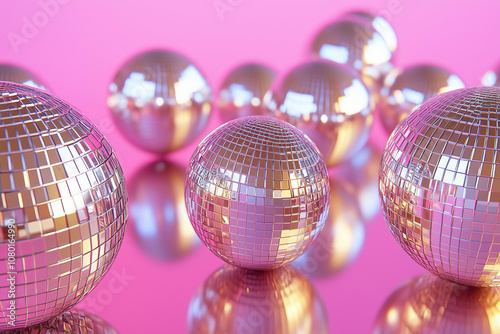 A lot of disco balls made from silver and golden mirrors, reflecting light on the pink background. Minimalist photo