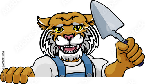 A wildcat bricklayer builder construction worker mascot cartoon character holding a trowel tool and peeking around a sign