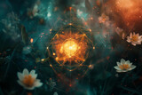 sacred geometry flower of life in the center, surrounded by nature elements like flowers and plants, against a dark background with a bokeh effect, volumetric lighting