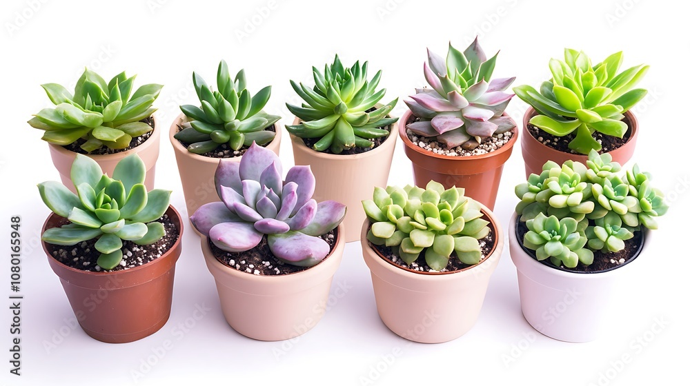 Several small plants in pots on white surface/