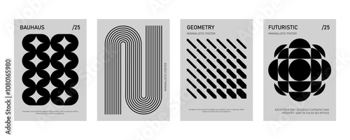 Posters with silhouette minimalistic basic figures, extraordinary graphic assets of geometrical shapes.  Trendy bauhaus pattern backgrounds.