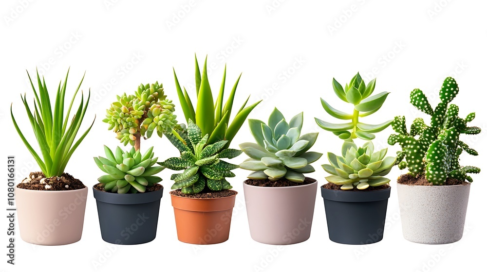 Several small plants in pots on white surface/ Several small plants in pots on white surface/