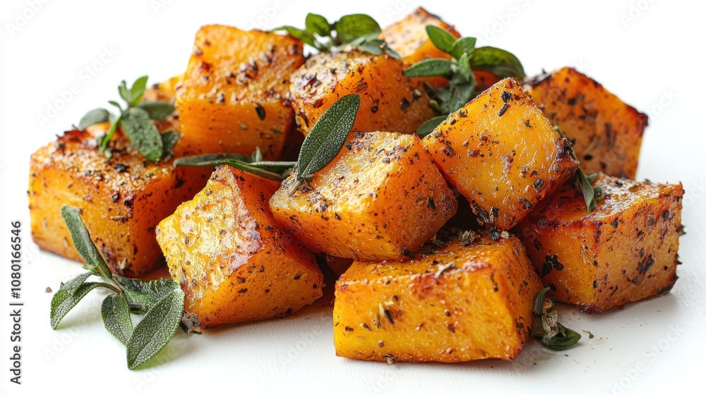 Delicious roasted butternut squash cubes seasoned with herbs, showcasing a golden, caramelized finish, perfect for a healthy side dish. Delicious roasted butternut squash cubes seasoned with herbs, showcasing a golden, caramelized finish, perfect for a healthy side dish.