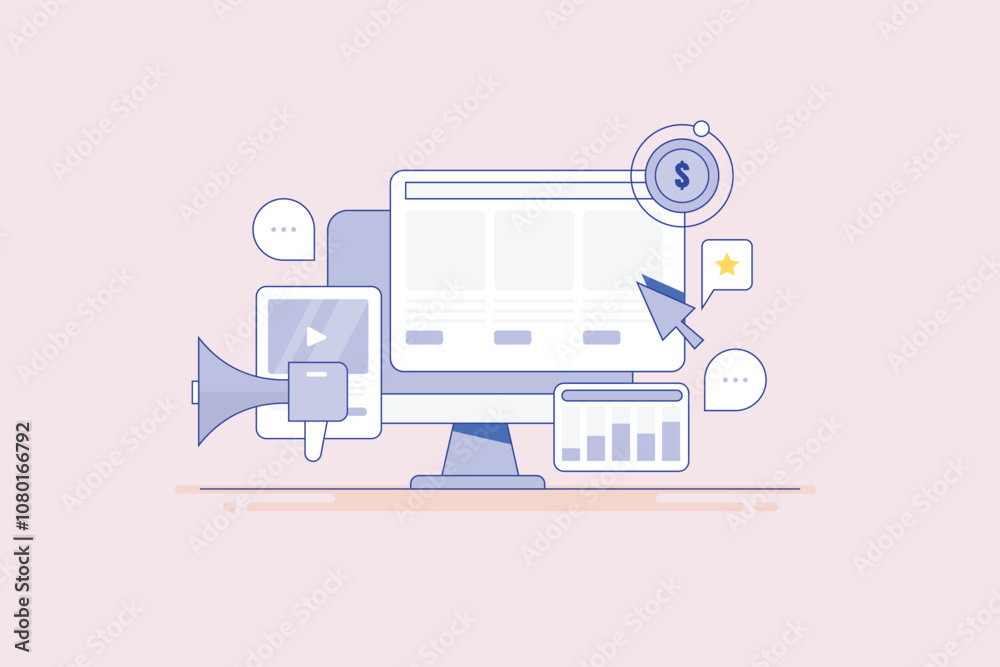 Website analytics connected with digital advertising performing on social media and search engine, internet ads send traffic to website, grow click rate. Website analytics connected with digital advertising performing on social media and search engine, internet ads send traffic to website, grow click rate.