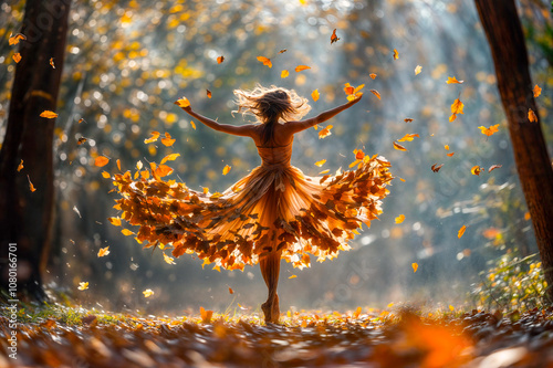 Poupée miniature qui danse dans la forêt en automne avec une robe faite de feuilles mortes qui volent autour d'elle