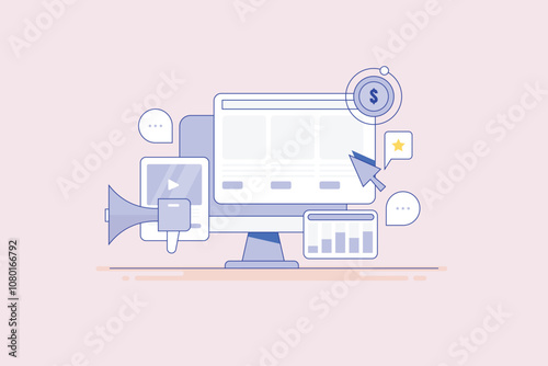 Website analytics connected with digital advertising performing on social media and search engine, internet ads send traffic to website, grow click rate.