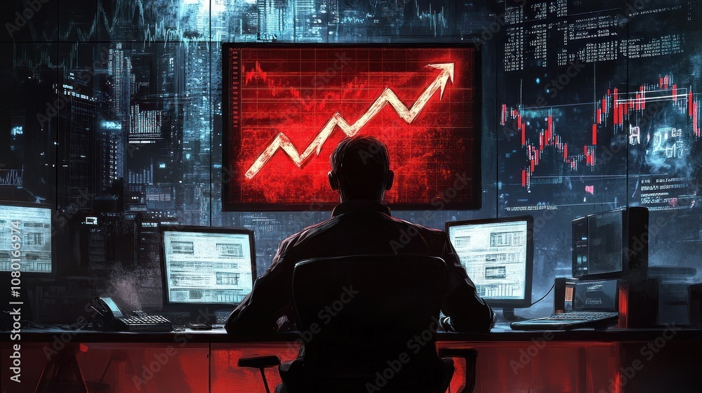 A Man Monitoring Stock Market Trends on Multiple Screens