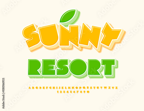 Vector summer advertisement Sunny Resort. Modern Yellow 3D Font. Artistic Alphabet Letters and Numbers set.