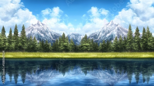 Majestic mountain range reflected in tranquil lake, a breathtaking landscape of nature's serenity