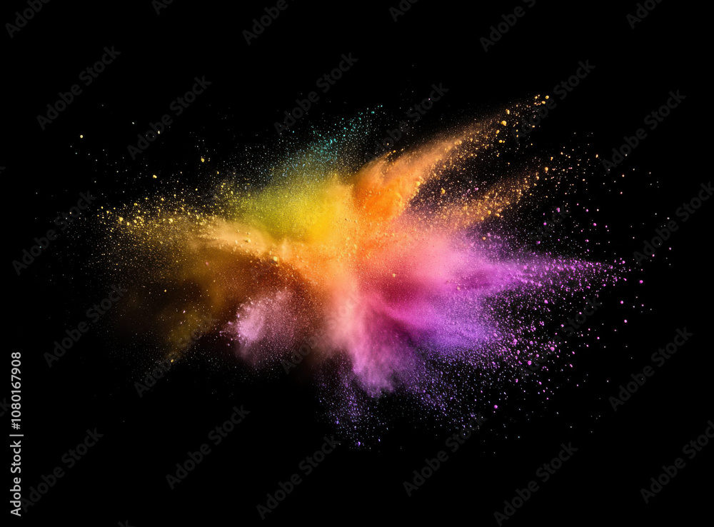 Naklejka premium vibrant explosion of colorful powder against black background, creating dynamic and energetic visual effect. Perfect for artistic and creative projects