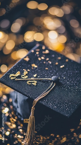 Abstract Marketing Background for Graduation Season: Featuring a Close-Up of a 2025 Graduation Cap Surrounded by Colorful Golden Confetti, Capturing the Festive Atmosphere of Graduation Celebrations a