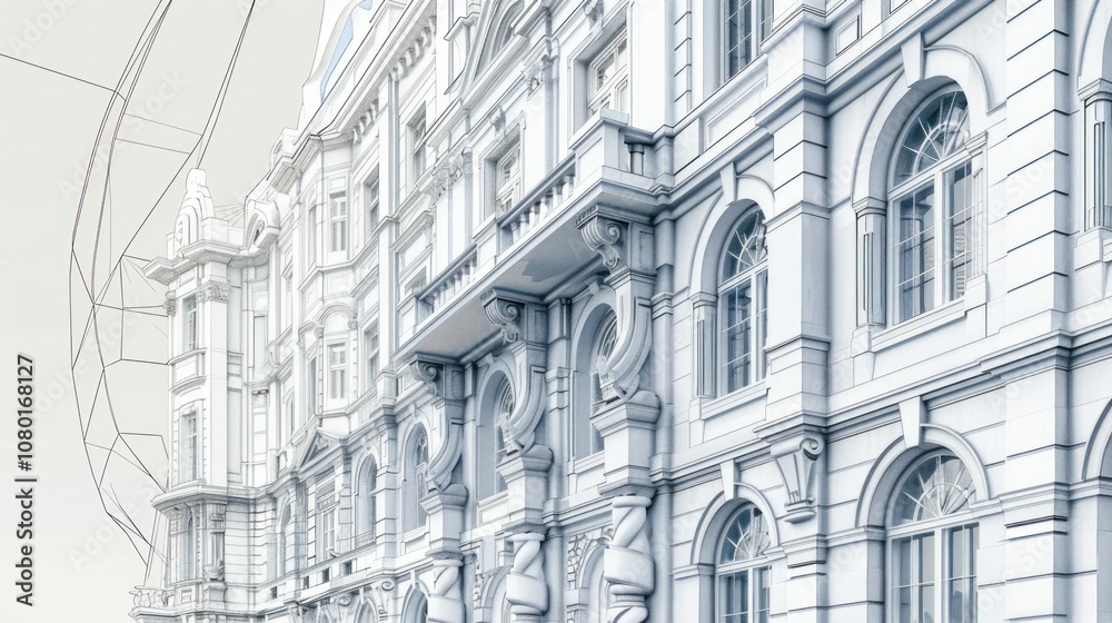 Architectural rendering showcasing a detailed facade with classical elements and intricate designs. Architectural rendering showcasing a detailed facade with classical elements and intricate designs.