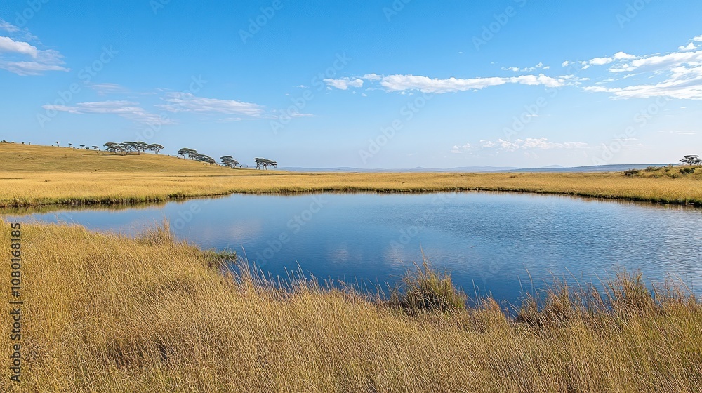 A small pond nestled in a grassy savanna with a backdrop of scattered trees and a blue sky.