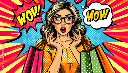 Pop art-style illustration of a surprised woman with shopping bags, expressing excitement