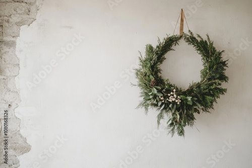 Scandinavian nordic minimal Christmas wreath made of simple greenery and natural textures, hanging on a minimalist wall background with copy space photo