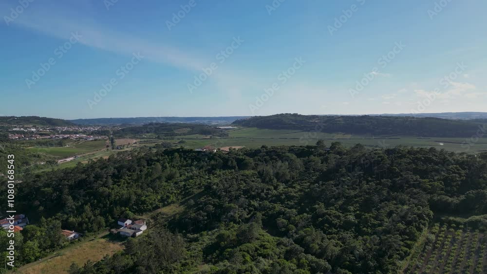 Countryside rural farm land forest and homestead, sea ocean skyline, aerial Portugal Countryside rural farm land forest and homestead, sea ocean skyline, aerial Portugal