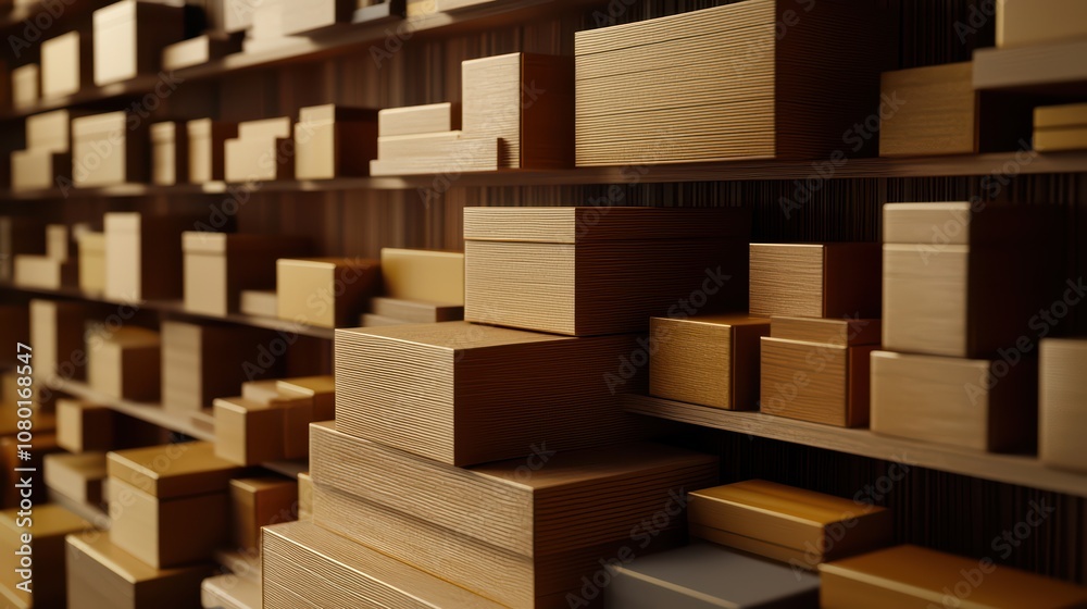 A detailed view of stacked wooden boxes in a storage area. A detailed view of stacked wooden boxes in a storage area.