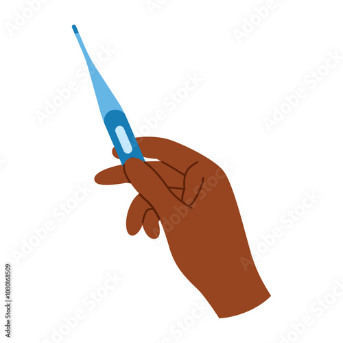 Electronic thermometer held in african american hand for fever detection. Health care concept