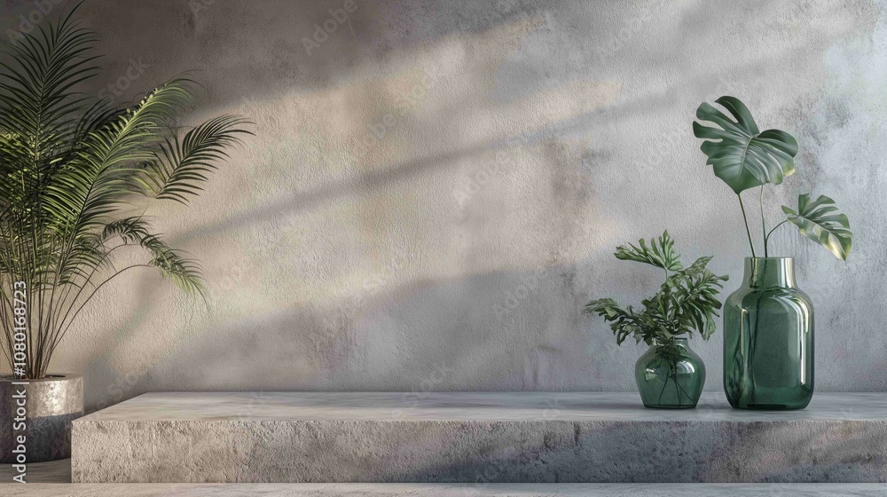 This mock up features a neutral sustainable natural brand product showcase template, a concrete texture wall with a podium stage in the background, a green glass vase with plants, and a neutral
This mock up features a neutral sustainable natural brand product showcase template, a concrete texture wall with a podium stage in the background, a green glass vase with plants, and a neutral