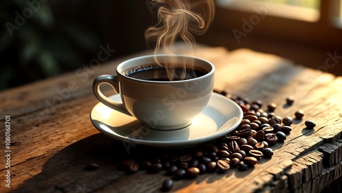 Steaming Cup of Coffee with Beans on Rustic Table in Warm Morning Sunlight, for coffee lovers.