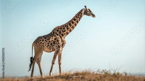 Giraffe standing tall with the distinctive spotted pattern, isolated on a transparent PNG background for design projects. 