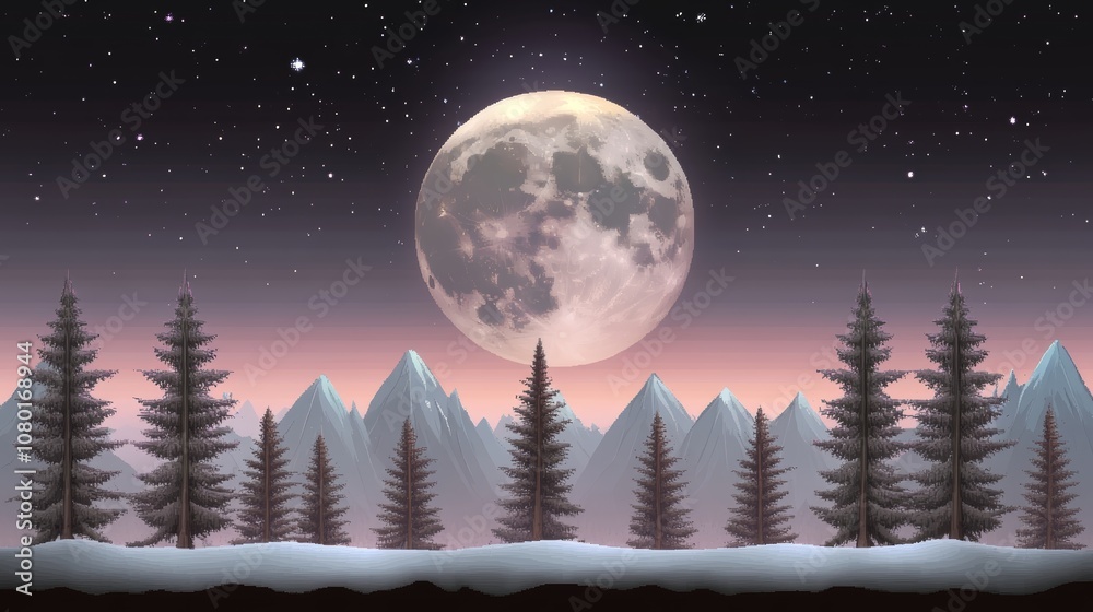 Full moon glowing over a serene snowy landscape, breathtaking winter night scene Full moon glowing over a serene snowy landscape, breathtaking winter night scene