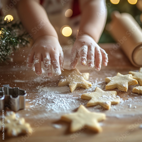 A cute, heartwarming scene of tiny baby hands covered in flour, shaping Christmas cookies on a kitchen counter. photo