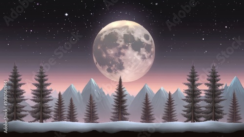 Full moon glowing over a serene snowy landscape, breathtaking winter night scene