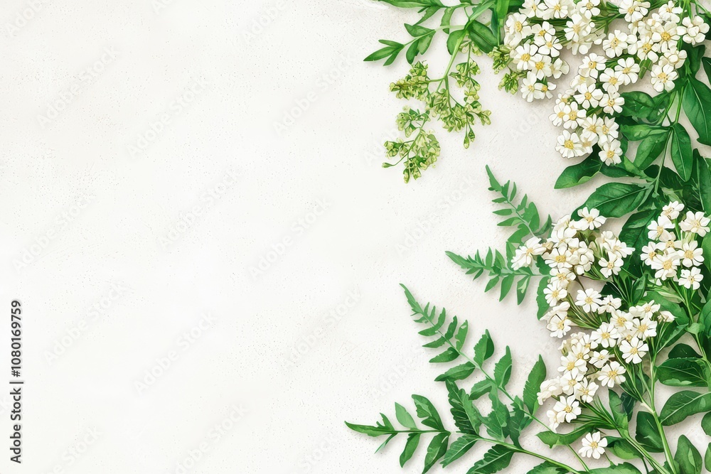 A serene floral arrangement with green leaves and white flowers. A serene floral arrangement with green leaves and white flowers.