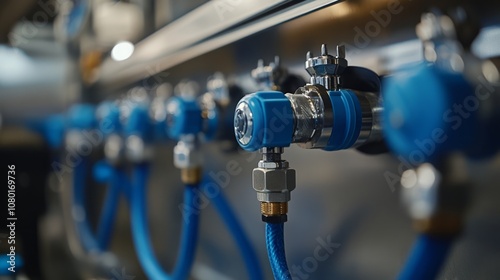 Close-up view of industrial pneumatic tools connected to a compressed air system, with hoses and blue valves visible