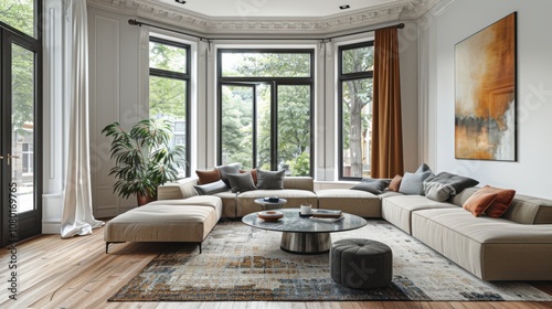 Modern living room with a large window, a grey sofa, a black pouf and a coffee table. photo