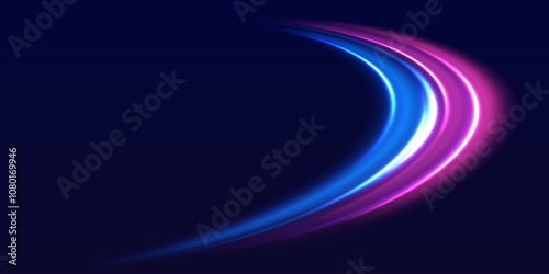 Speed police line. Laser beams, horizontal light rays. Magic shining neon light line trails. Purple glowing wave swirl. High speed effect motion blur night lights. Vector illustration EPS10