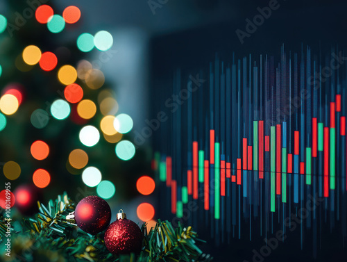 End of year sales graph with Christmas decorations, showcasing festive colors and financial trends. blend of holiday spirit and market analysis