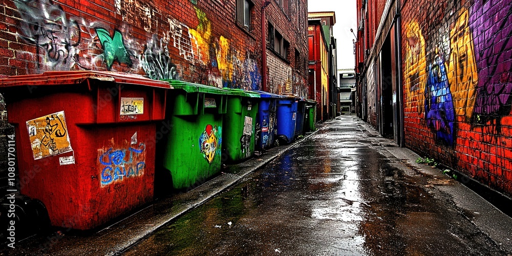Fototapeta premium Abstract Marketing Background Highlighting Environmental Awareness: Featuring Colorful Trash Bins in Urban Alleys on Environment Protection Day, Capturing the Essence of Sustainability and Design Ele