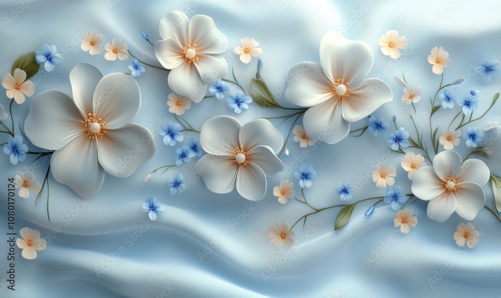 3D illustration of a fabric pattern with delicate floral motifs on a soft pastel background, perfect for spring designs