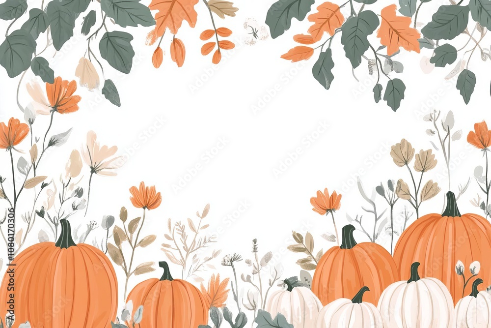 Naklejka premium Pumpkins and flowers on white background