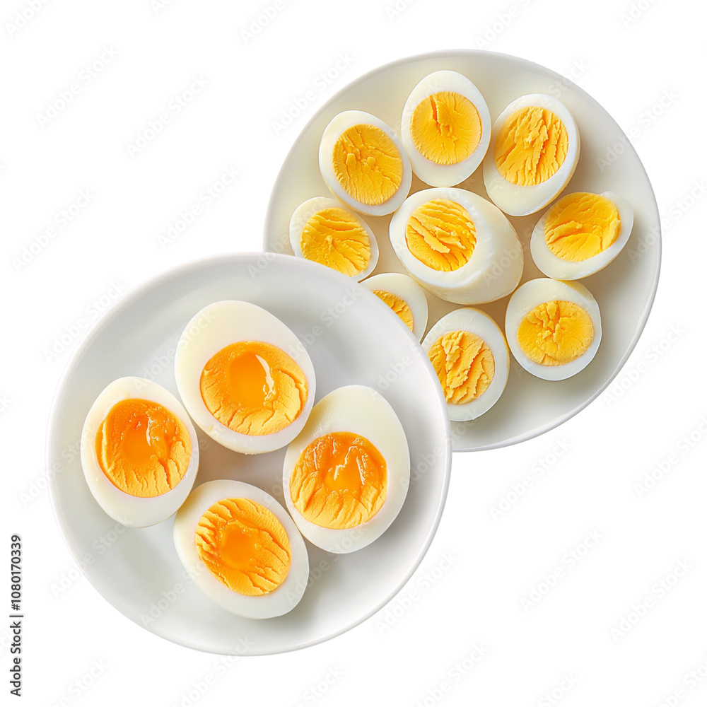 Boiled eggs, cut in half and placed on a white plate.