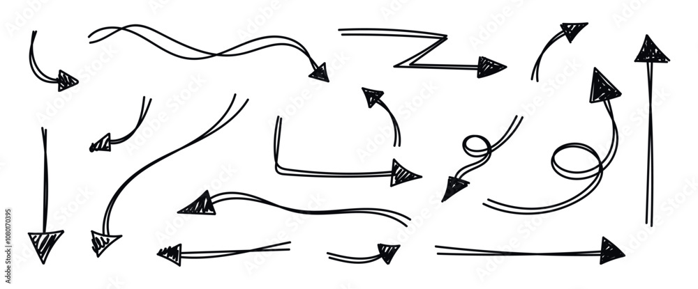Set of various hand drawn vector design freehand black double arrows doodle on transparent background. Collection of bold brush drawn arrows. Template element childish naive doodle vector illustration Set of various hand drawn vector design freehand black double arrows doodle on transparent background. Collection of bold brush drawn arrows. Template element childish naive doodle vector illustration