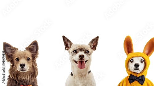 Several cats and dogs in Halloween costumes sit in a row against a white background.